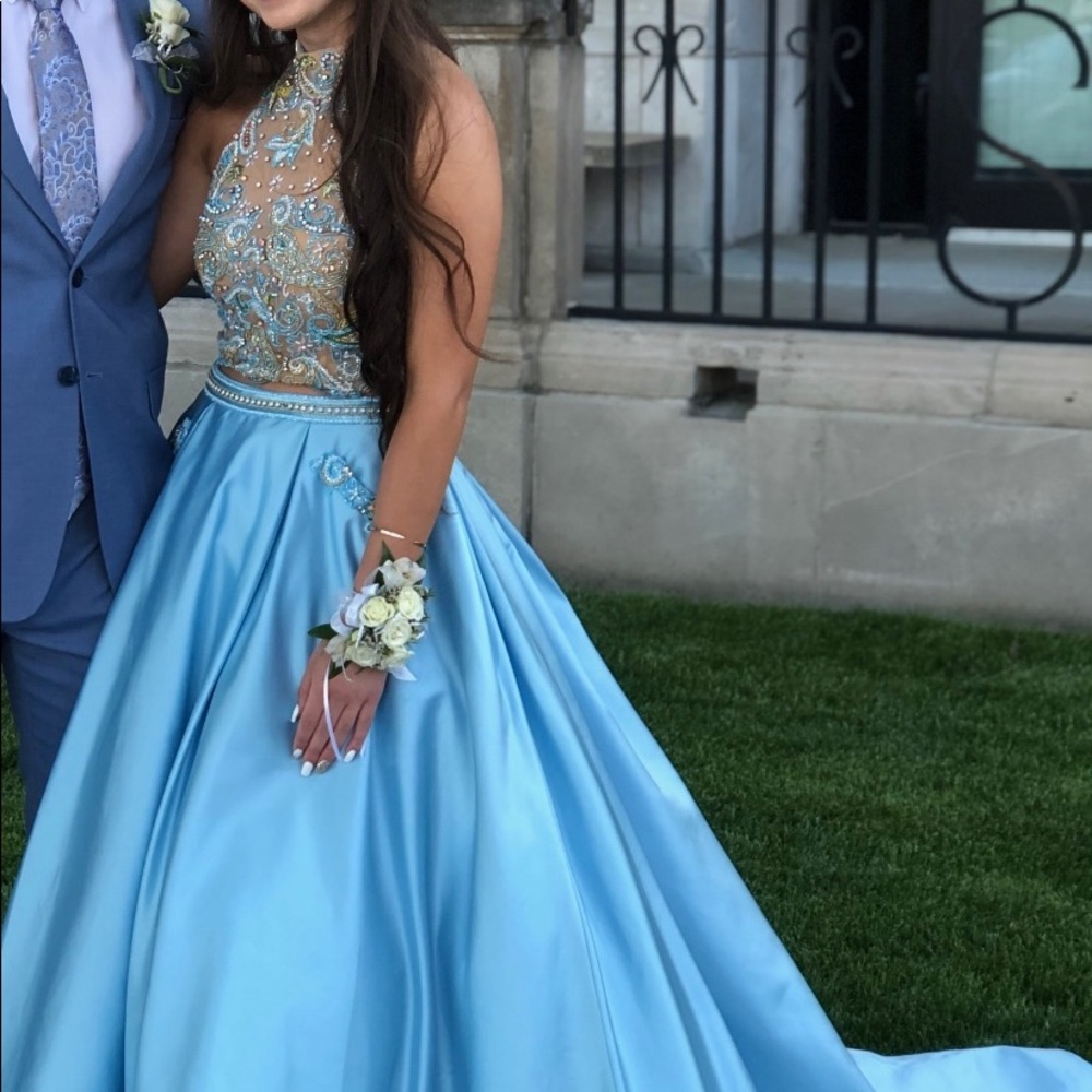 Sherri hill blue high neck beaded two piece size 0 #51041